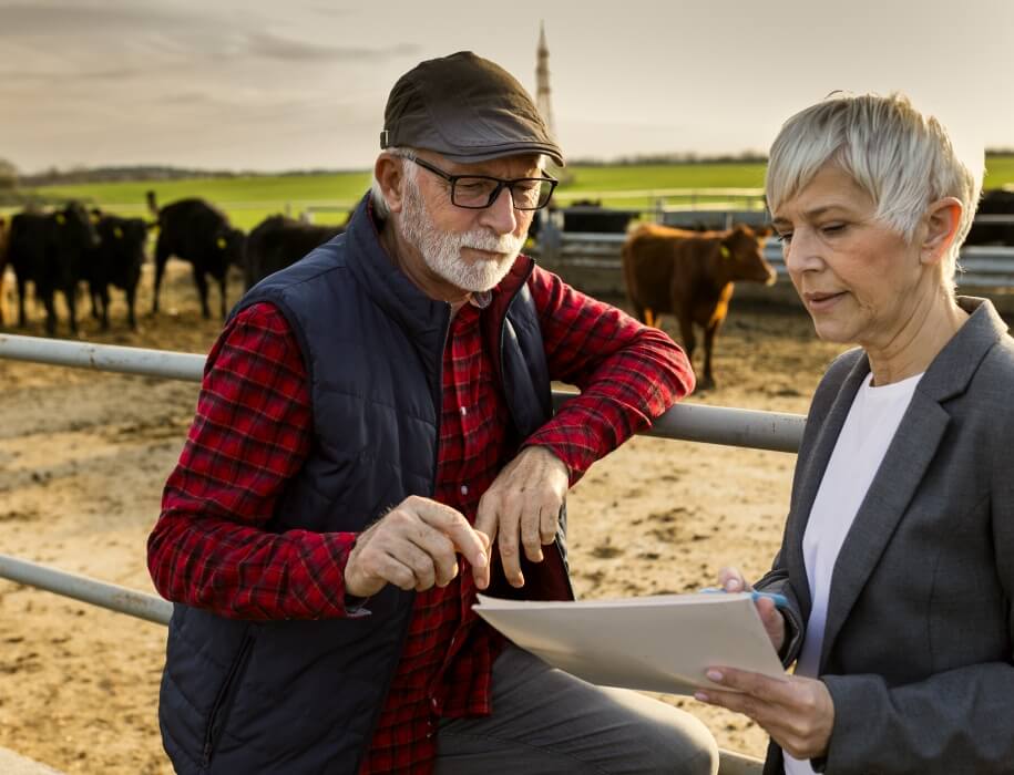 Mature couple looking over documents outside with cattle in the background